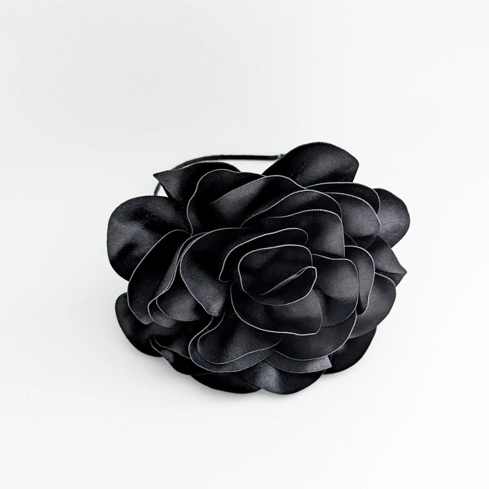 Large black satin rose fascinator hat - House of Hats