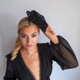 Large black satin rose fascinator hat - House of Hats