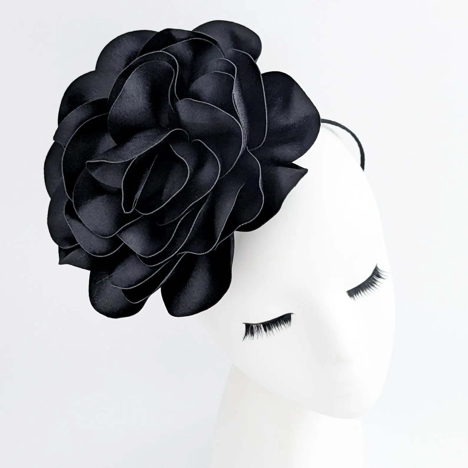 Large black satin rose fascinator hat - House of Hats