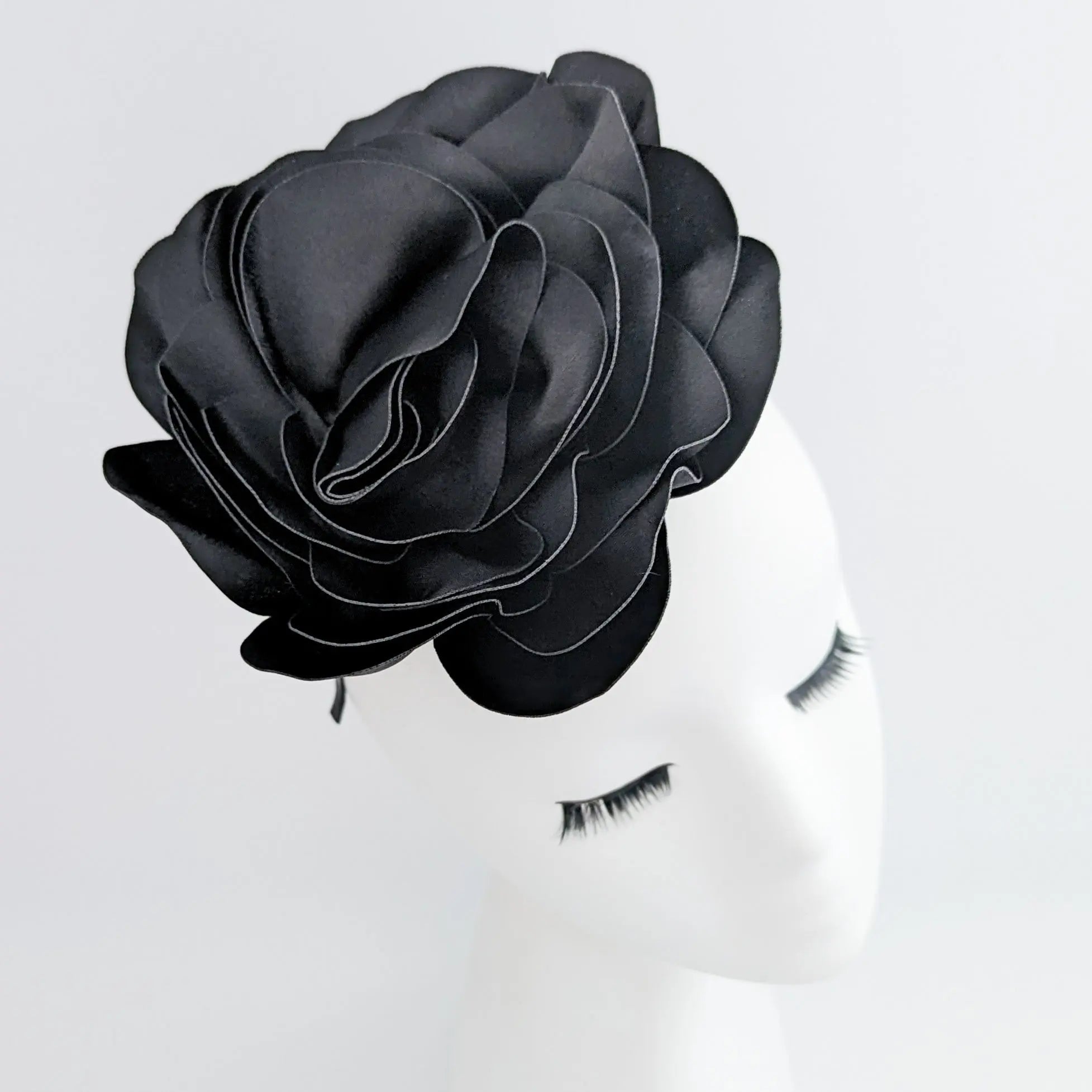 Large black satin rose fascinator hat - House of Hats