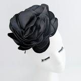 Large black satin rose fascinator hat - House of Hats
