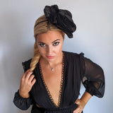 Large black satin rose fascinator hat - House of Hats