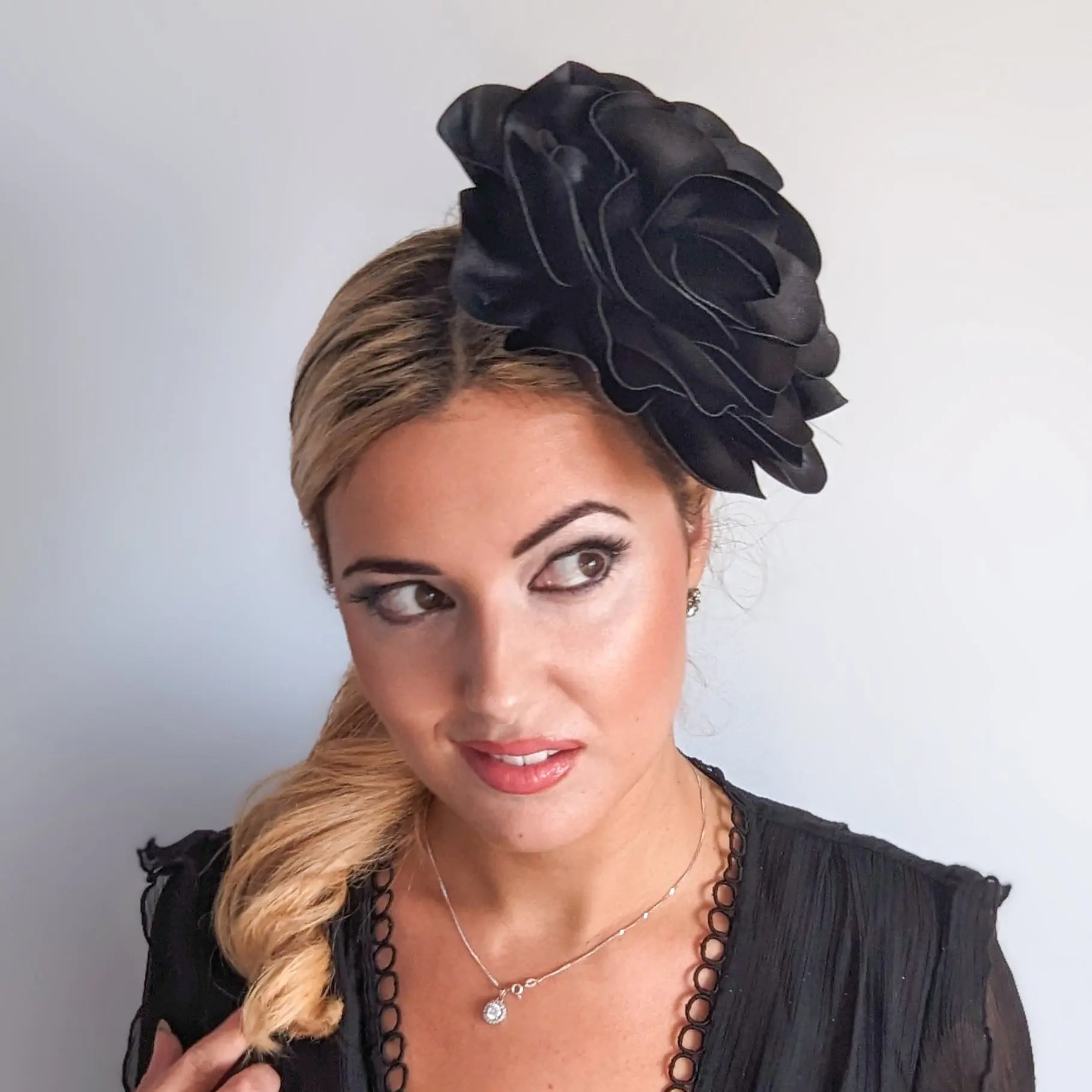 Large black satin rose fascinator hat - House of Hats
