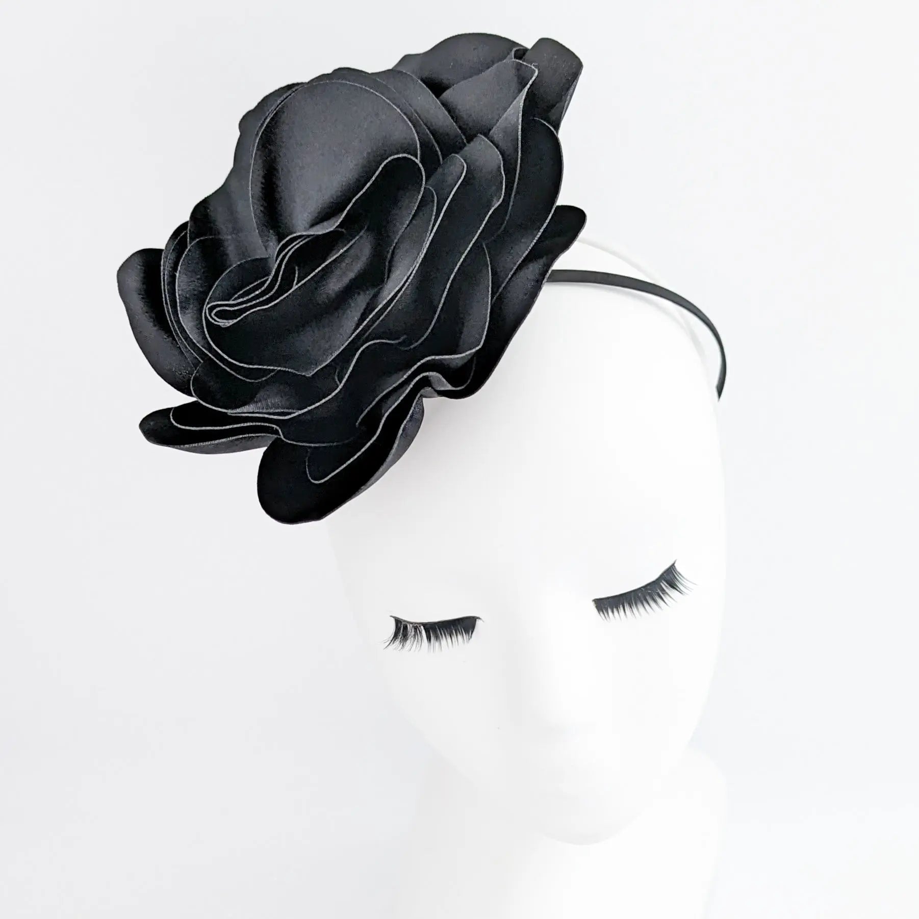 Large black satin rose fascinator hat - House of Hats