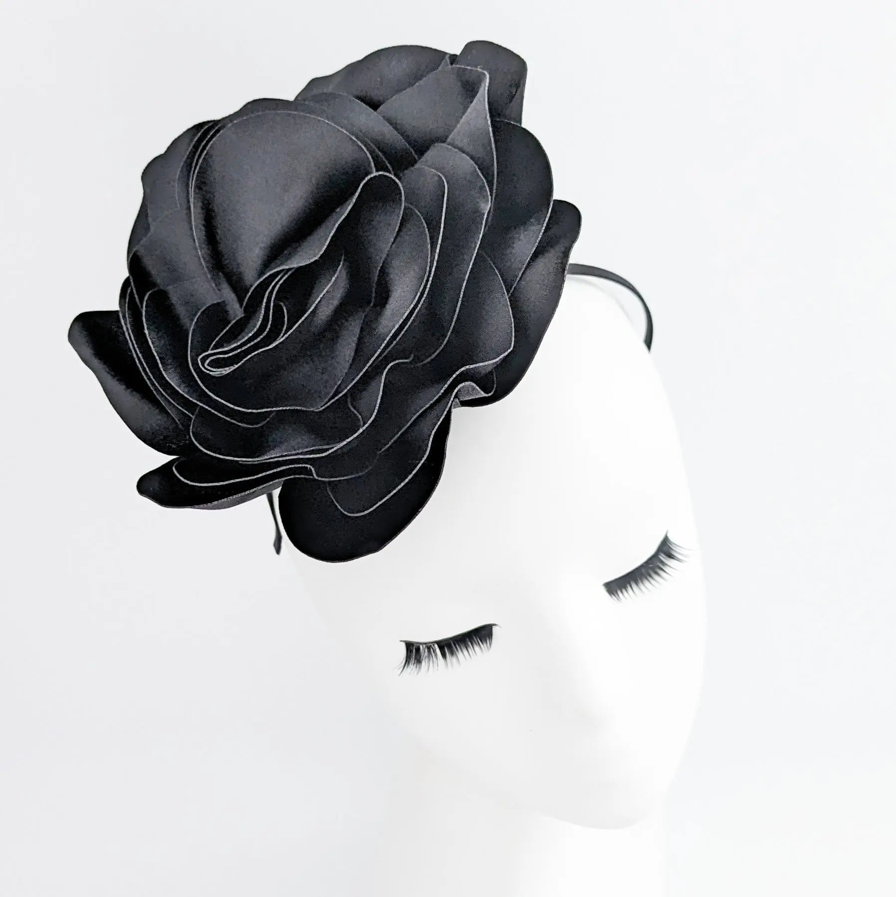 Large black satin rose fascinator hat - House of Hats