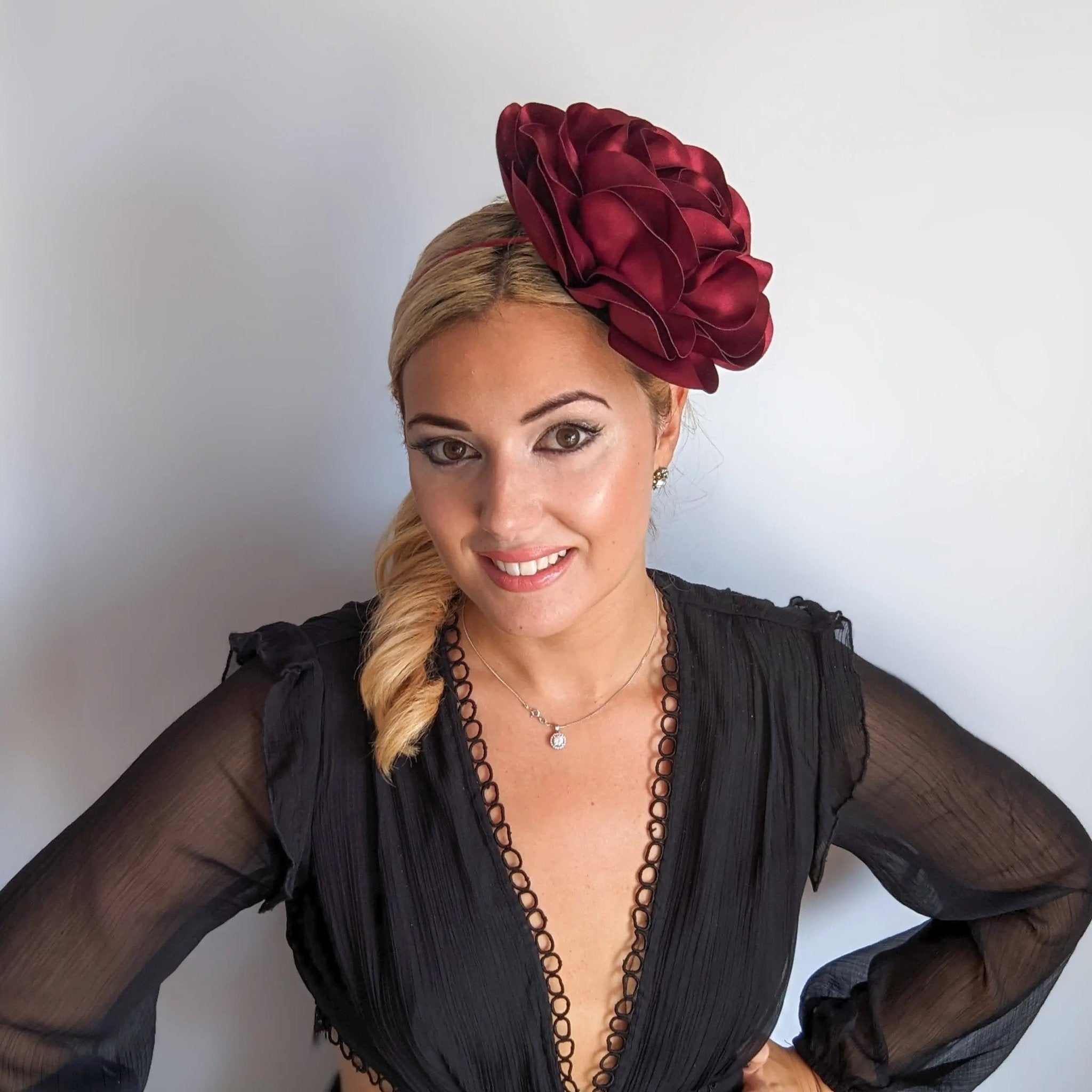 Large burgundy satin rose fascinator hat - House of Hats