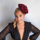 Large burgundy satin rose fascinator hat - House of Hats
