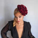 Large burgundy satin rose fascinator hat - House of Hats