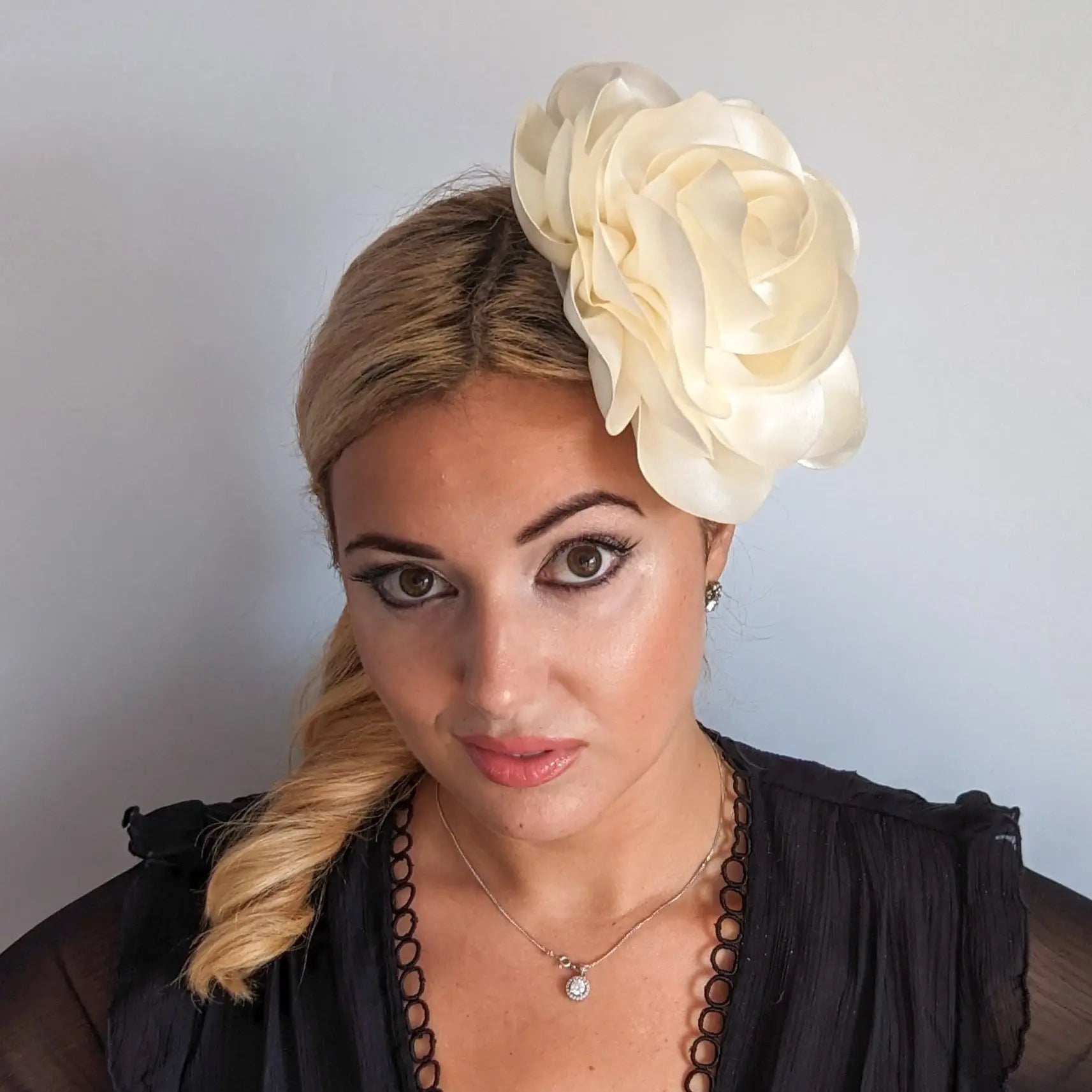 Large cream satin rose fascinator hat - House of Hats