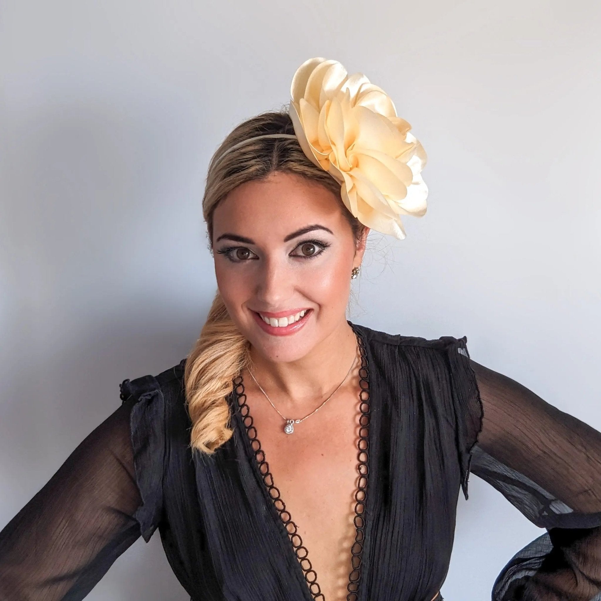 Large cream satin rose fascinator hat - House of Hats