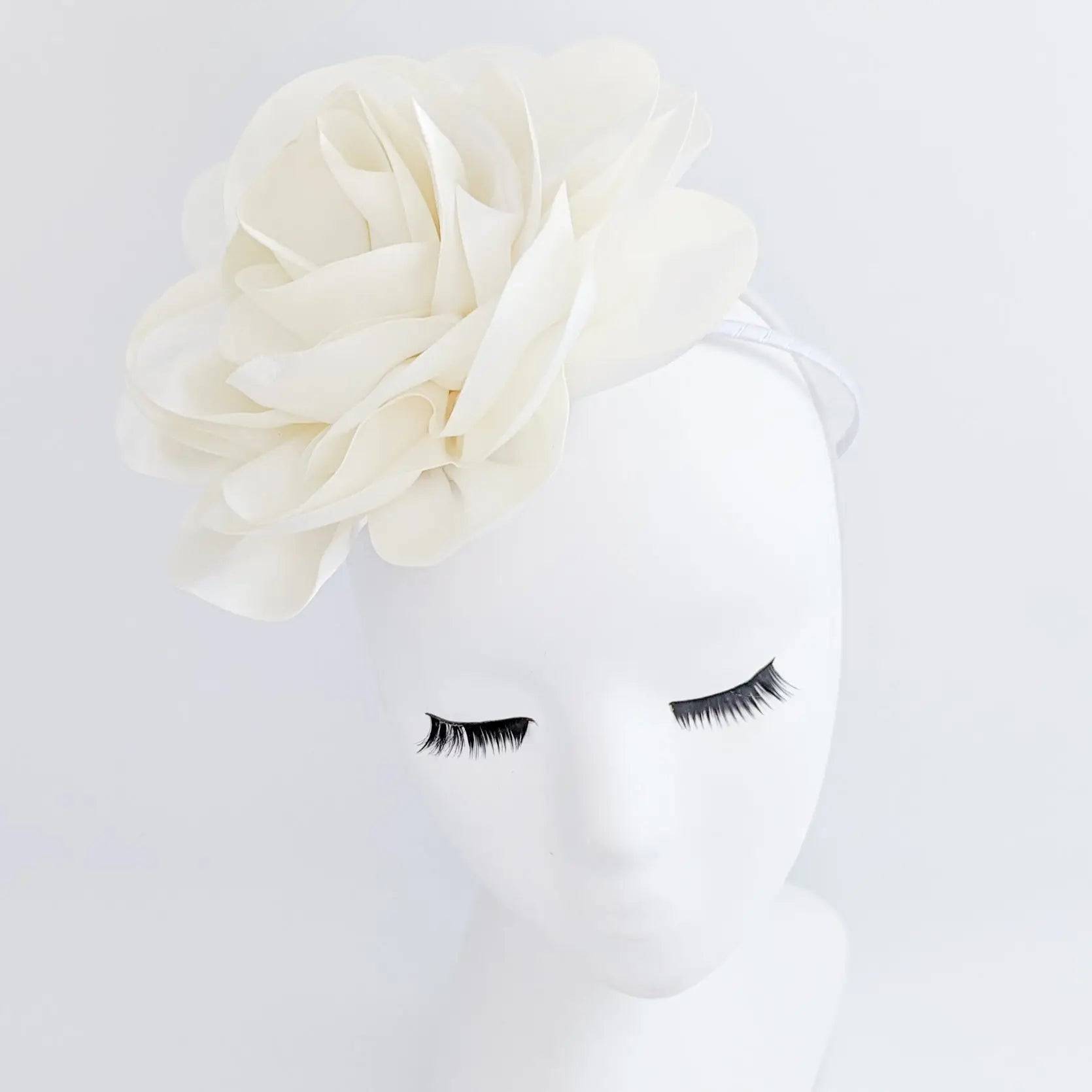 Large cream satin rose fascinator hat - House of Hats