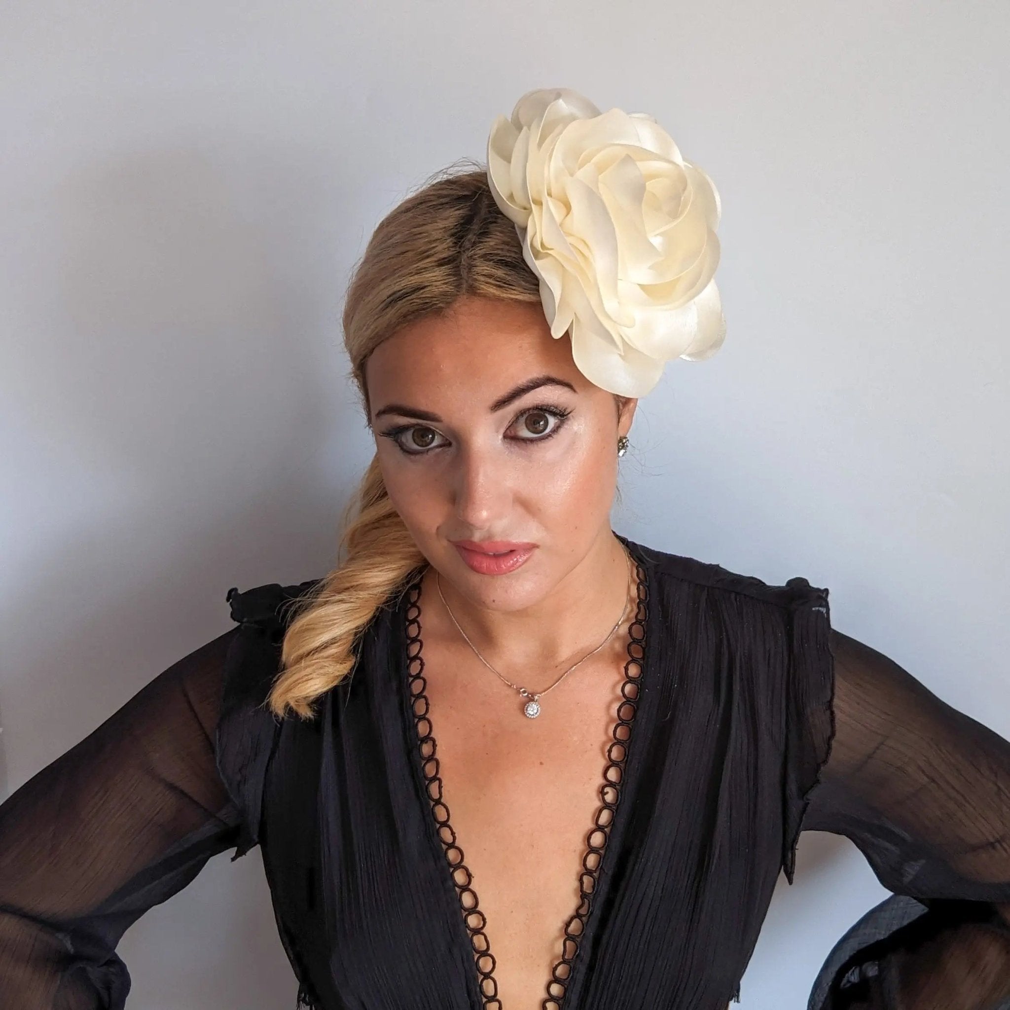 Large cream satin rose fascinator hat - House of Hats
