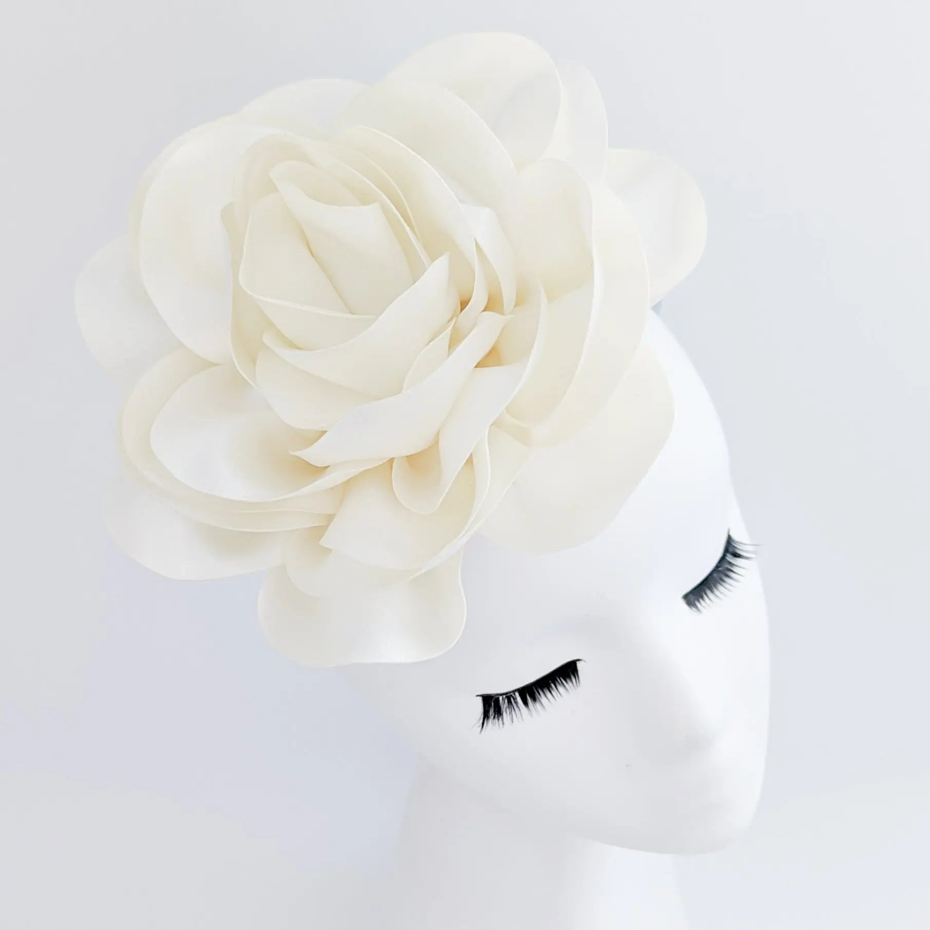 Large cream satin rose fascinator hat - House of Hats