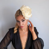 Large cream satin rose fascinator hat - House of Hats