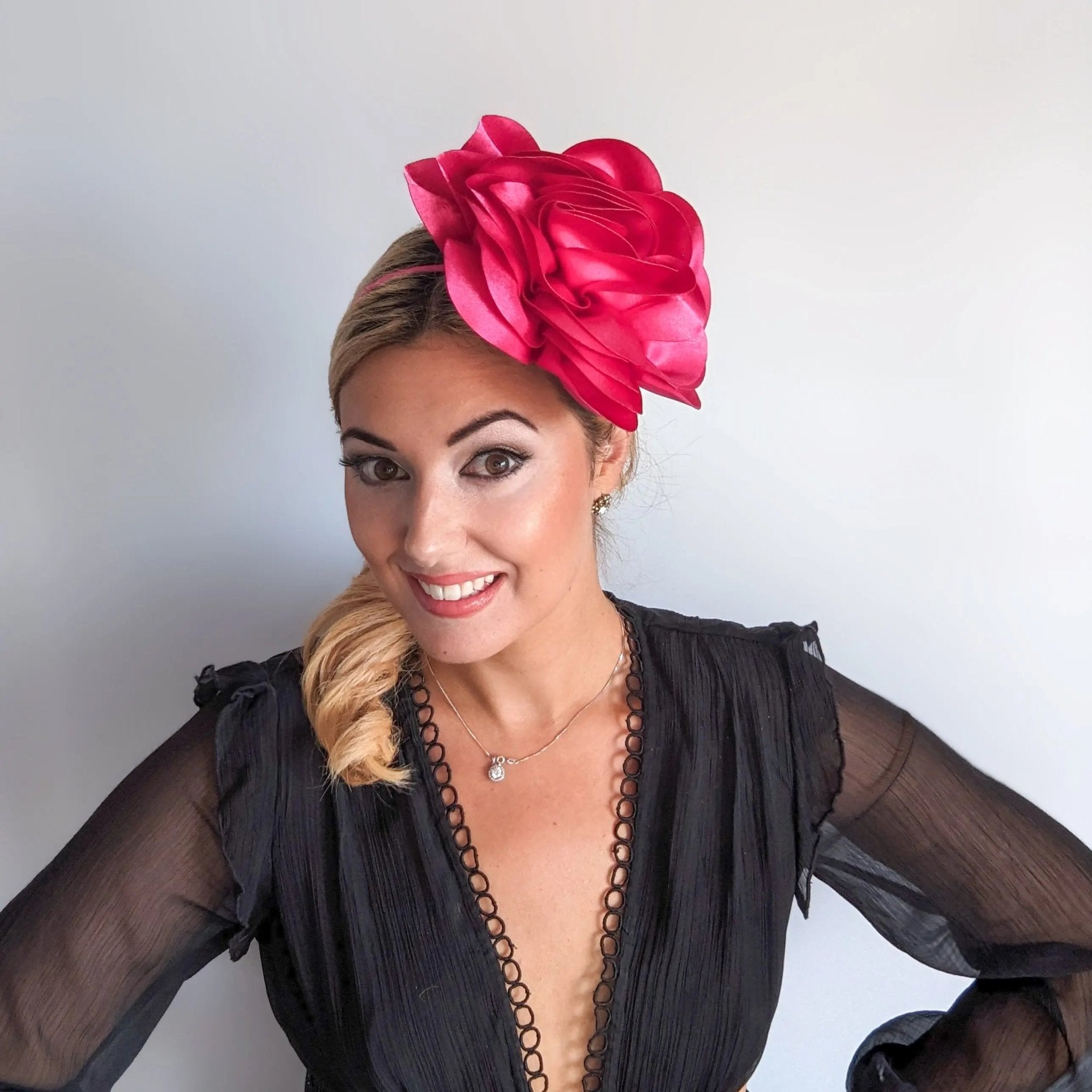 Large fuchsia pink rose fascinator hat - House of Hats