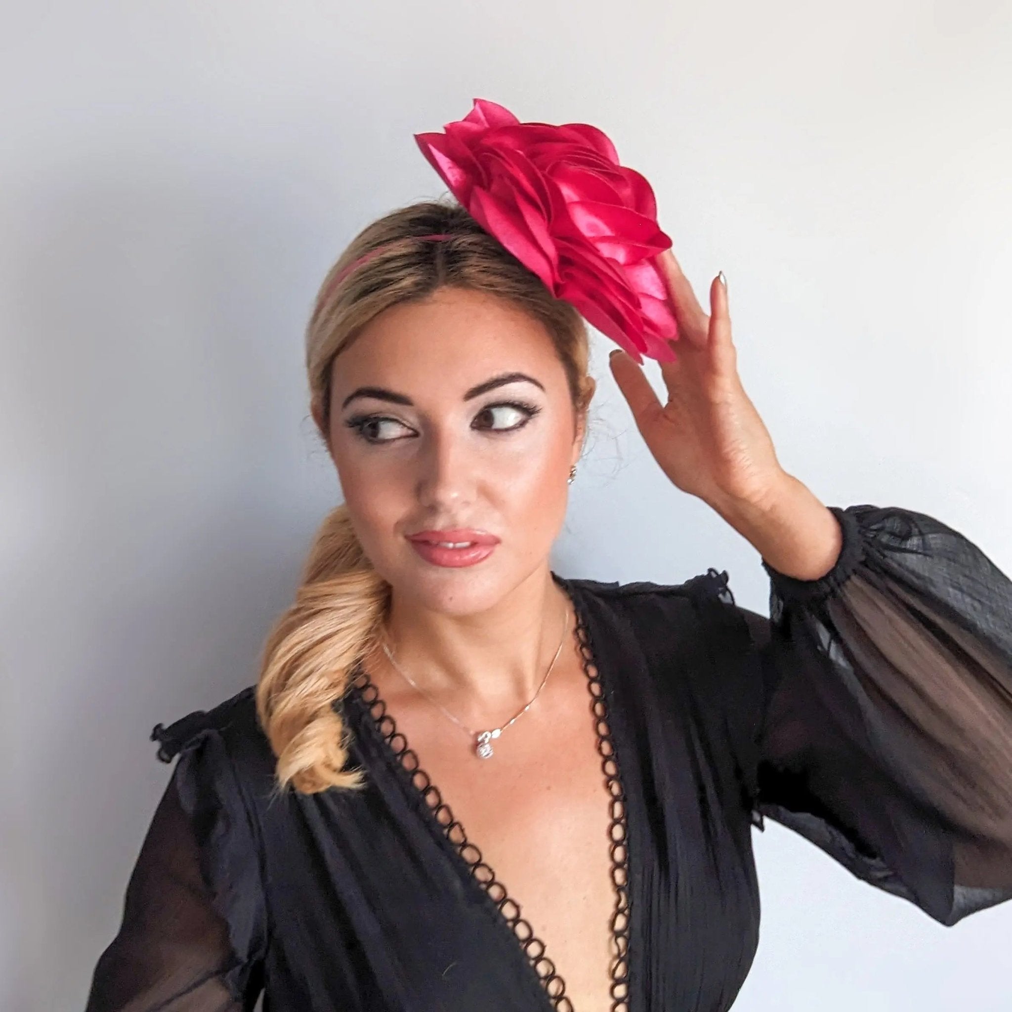 Large fuchsia pink rose fascinator hat - House of Hats