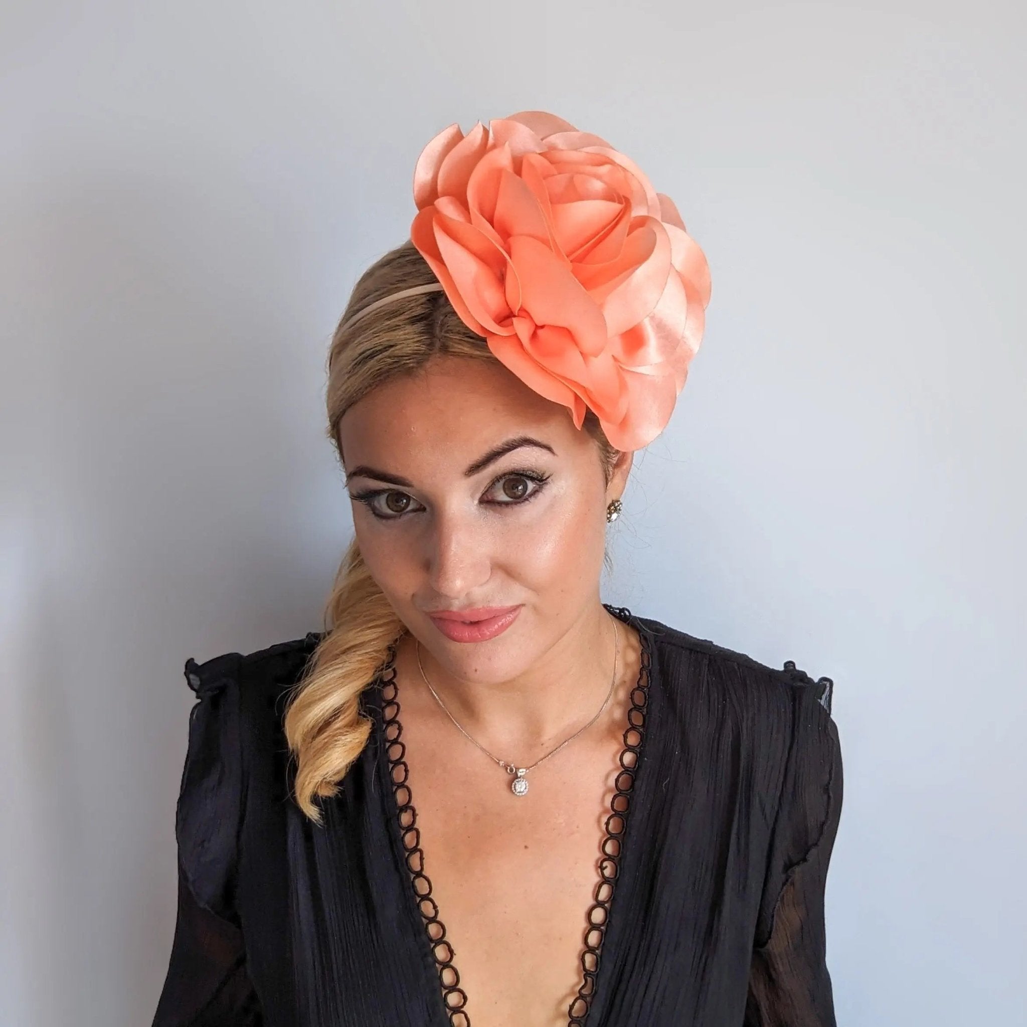 Large peach satin rose fascinator hat - House of Hats