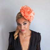 Large peach satin rose fascinator hat - House of Hats