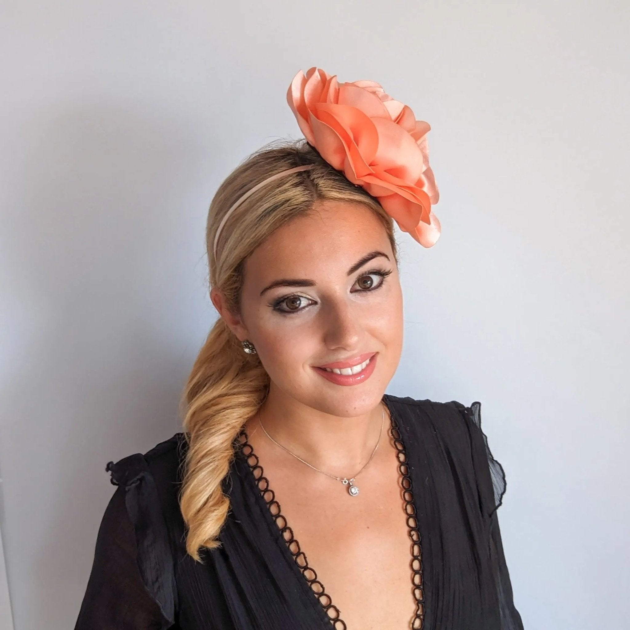 Large peach satin rose fascinator hat - House of Hats