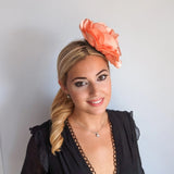 Large peach satin rose fascinator hat - House of Hats