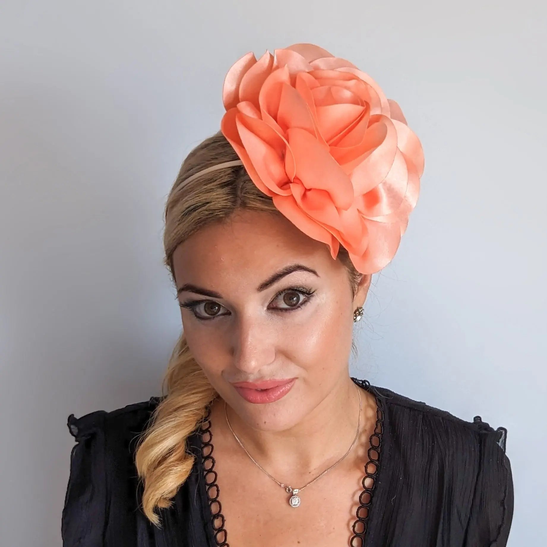 Large peach satin rose fascinator hat - House of Hats