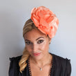 Large peach satin rose fascinator hat - House of Hats