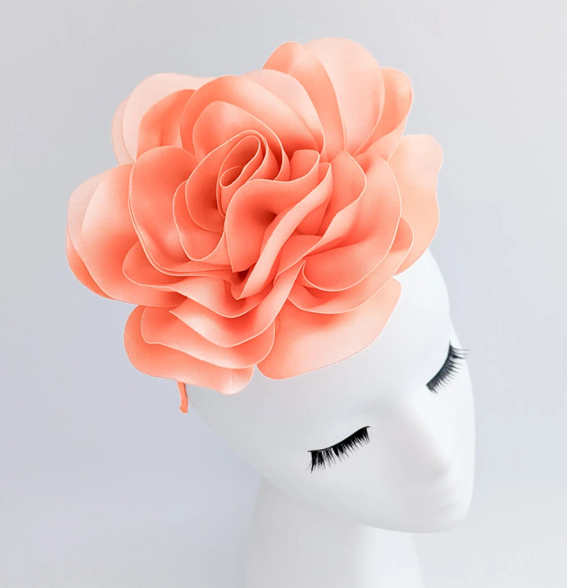 Large peach satin rose fascinator hat - House of Hats