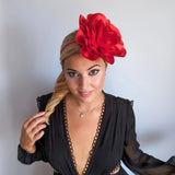 Large red satin rose fascinator hat - House of Hats