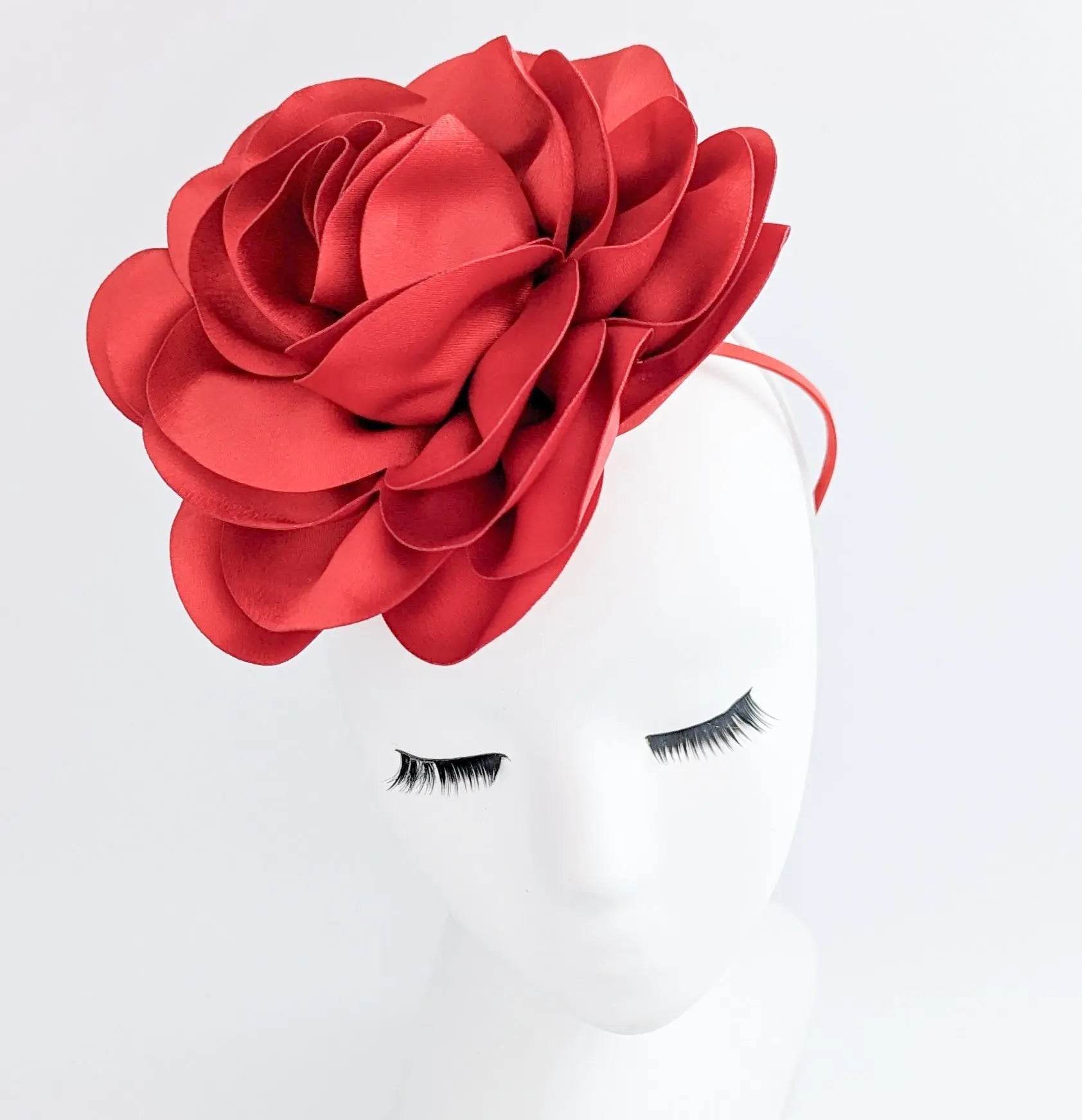 Large red satin rose fascinator hat - House of Hats