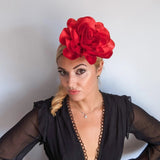 Large red satin rose fascinator hat - House of Hats