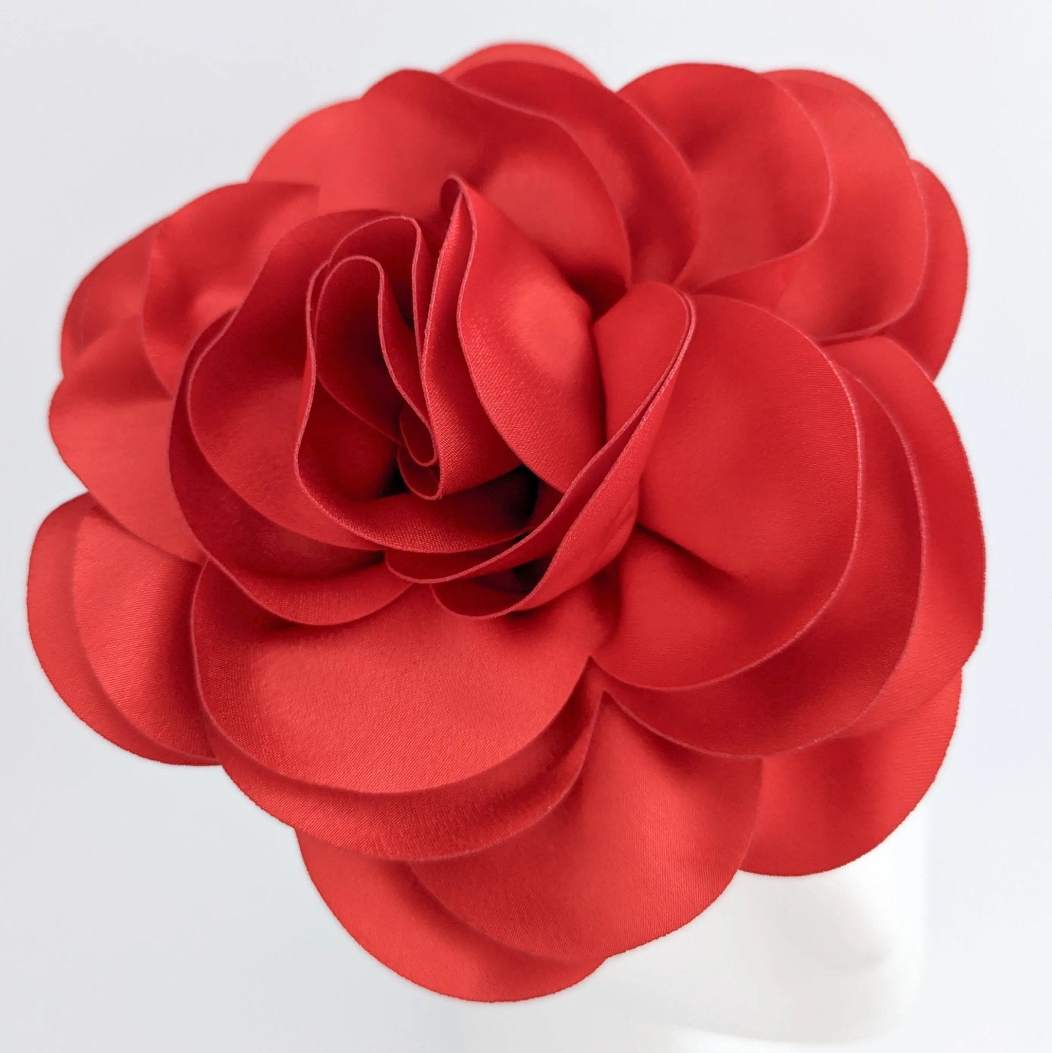 Large red satin rose fascinator hat - House of Hats