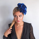 Large royal cobalt blue satin rose fascinator hat - House of Hats