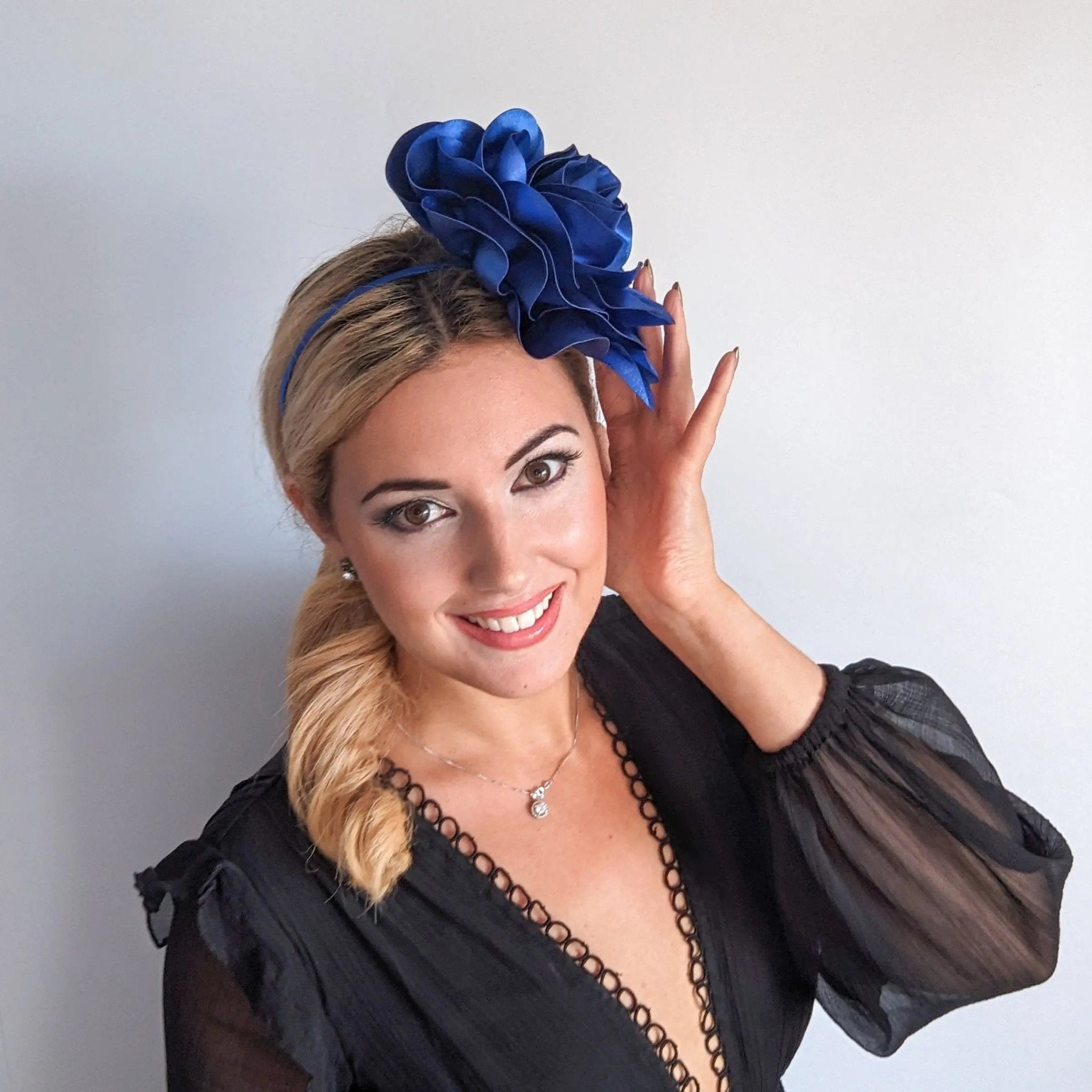 Large royal cobalt blue satin rose fascinator hat - House of Hats