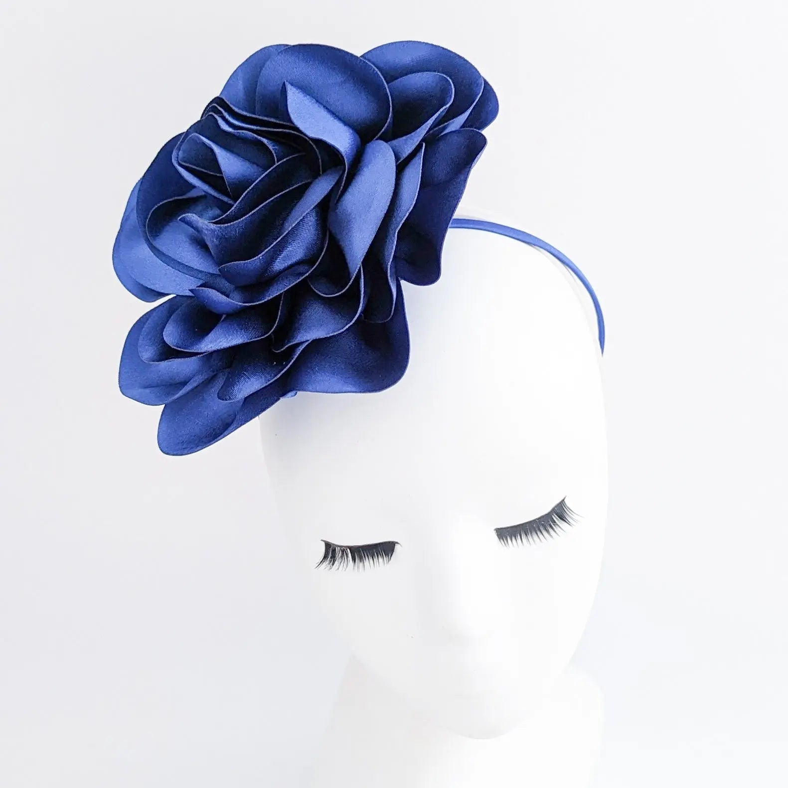 Large royal cobalt blue satin rose fascinator hat - House of Hats