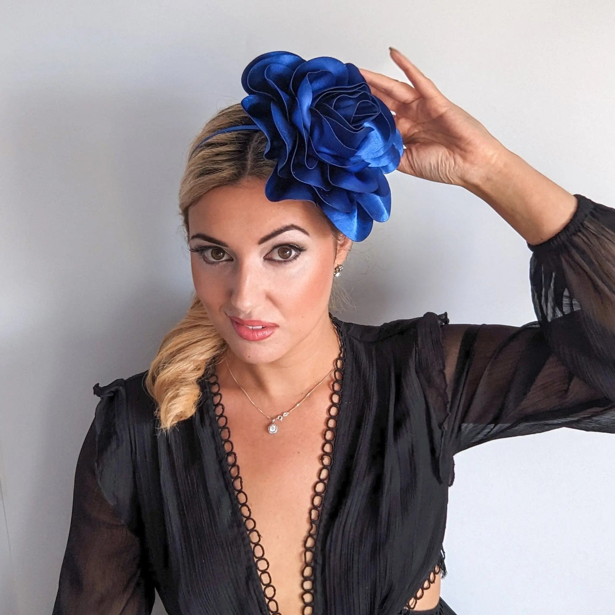 Large royal cobalt blue satin rose fascinator hat - House of Hats