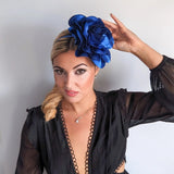 Large royal cobalt blue satin rose fascinator hat - House of Hats