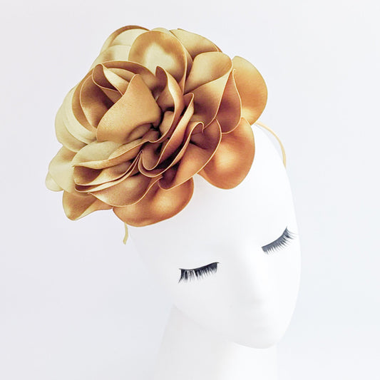 Large toffee gold satin rose fascinator hat - House of Hats