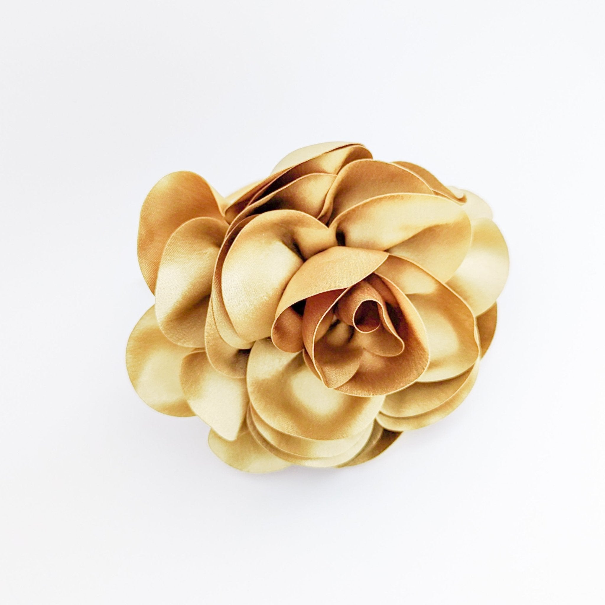 Large toffee gold satin rose fascinator hat - House of Hats