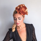 Large toffee gold satin rose fascinator hat - House of Hats