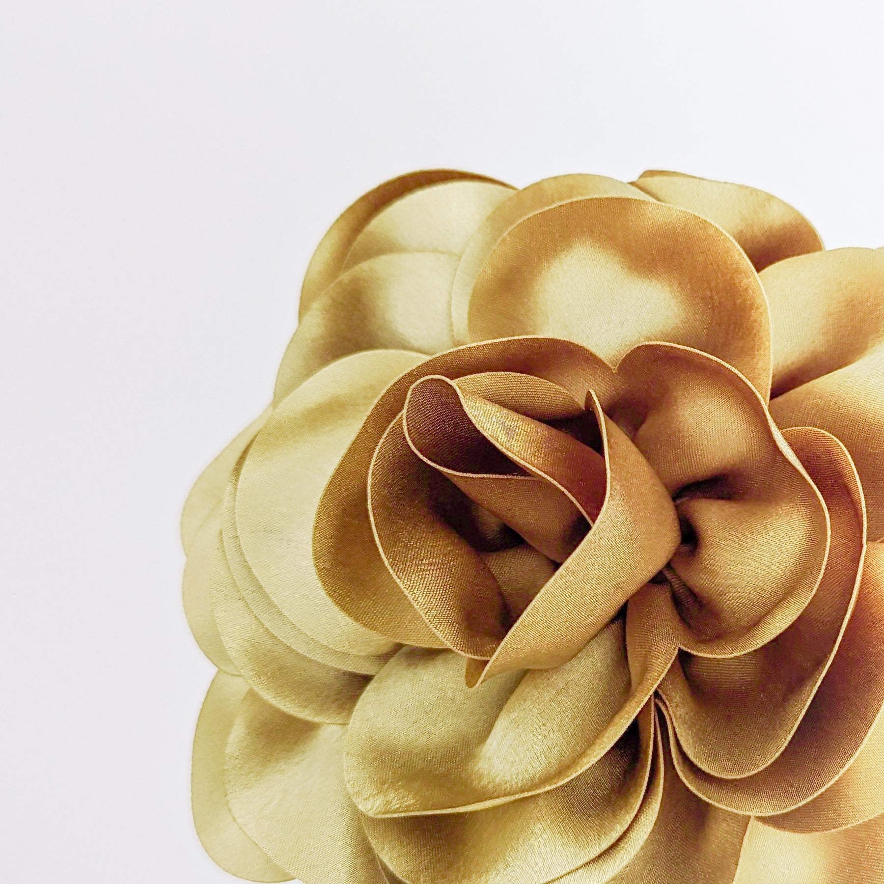 Large toffee gold satin rose fascinator hat - House of Hats