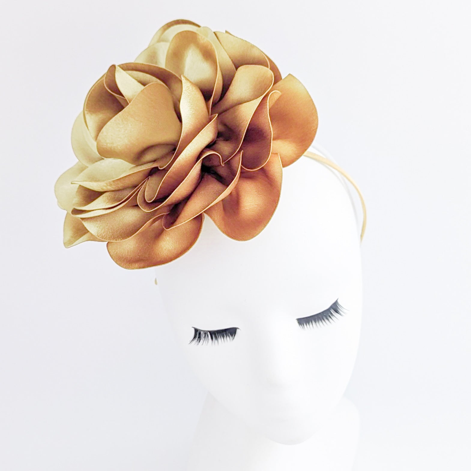 Large toffee gold satin rose fascinator hat - House of Hats