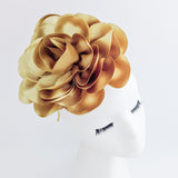 Large toffee gold satin rose fascinator hat - House of Hats
