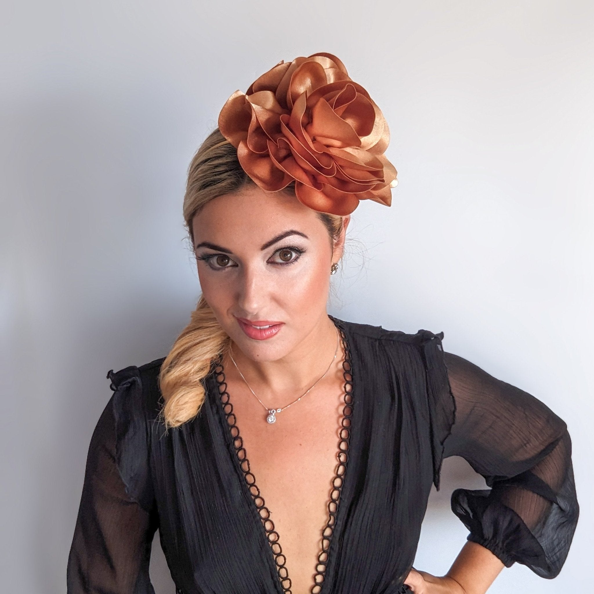 Large toffee gold satin rose fascinator hat - House of Hats