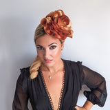 Large toffee gold satin rose fascinator hat - House of Hats
