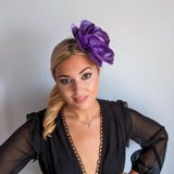 Large violet purple satin rose fascinator hat - House of Hats