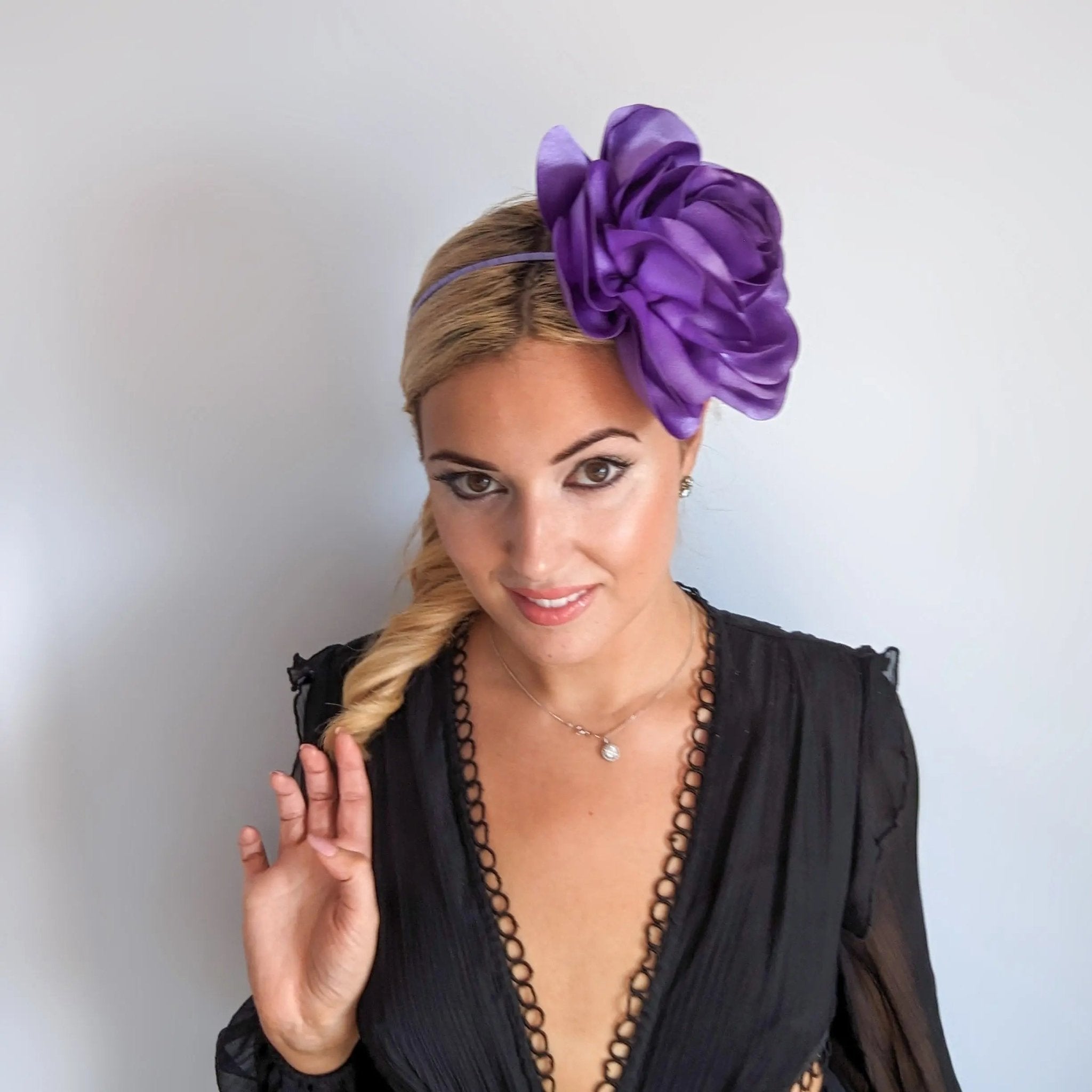 Large violet purple satin rose fascinator hat - House of Hats