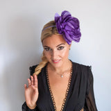 Large violet purple satin rose fascinator hat - House of Hats