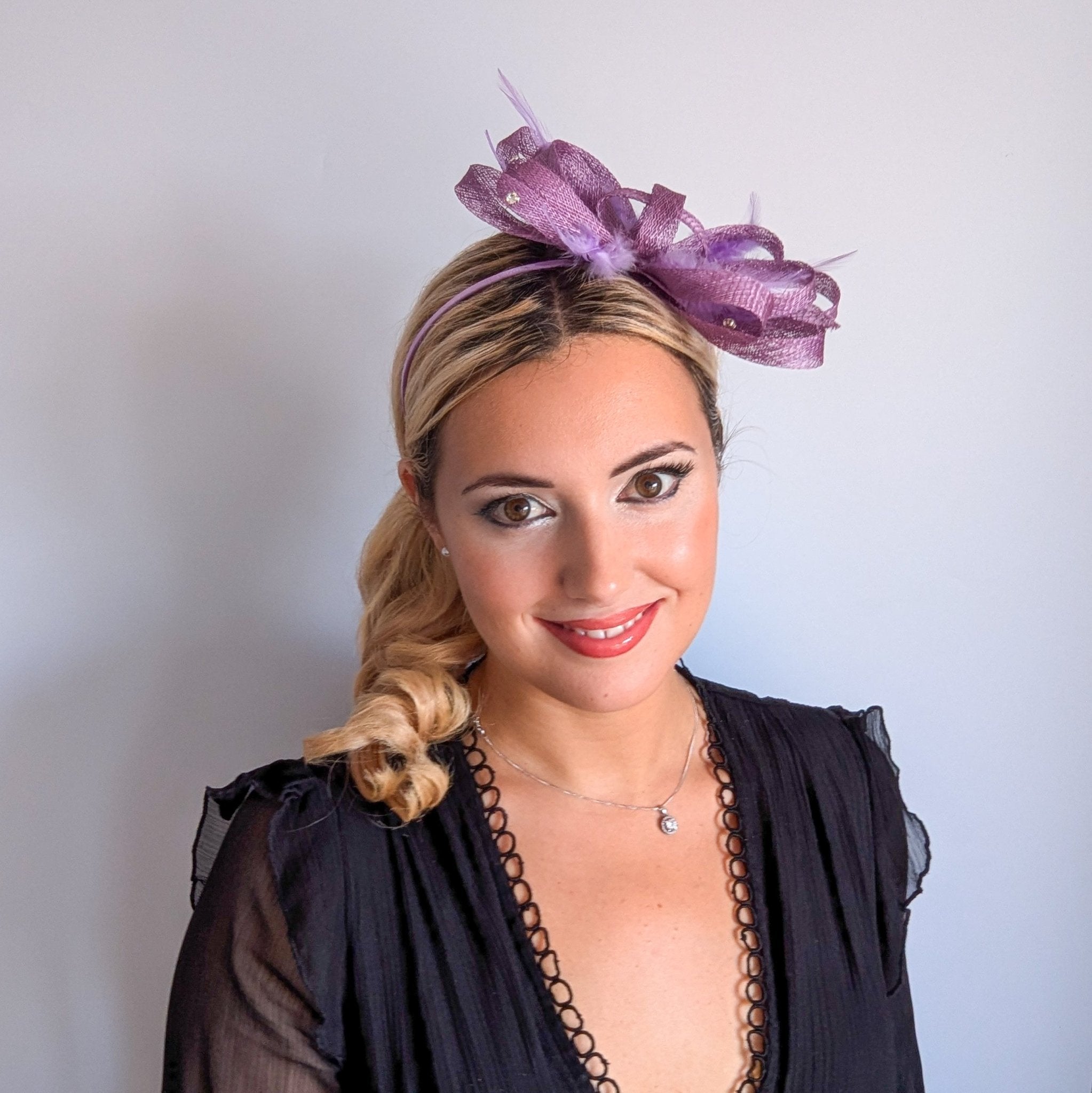 Lavender light purple crystal feather fascinator hat - House of Hats