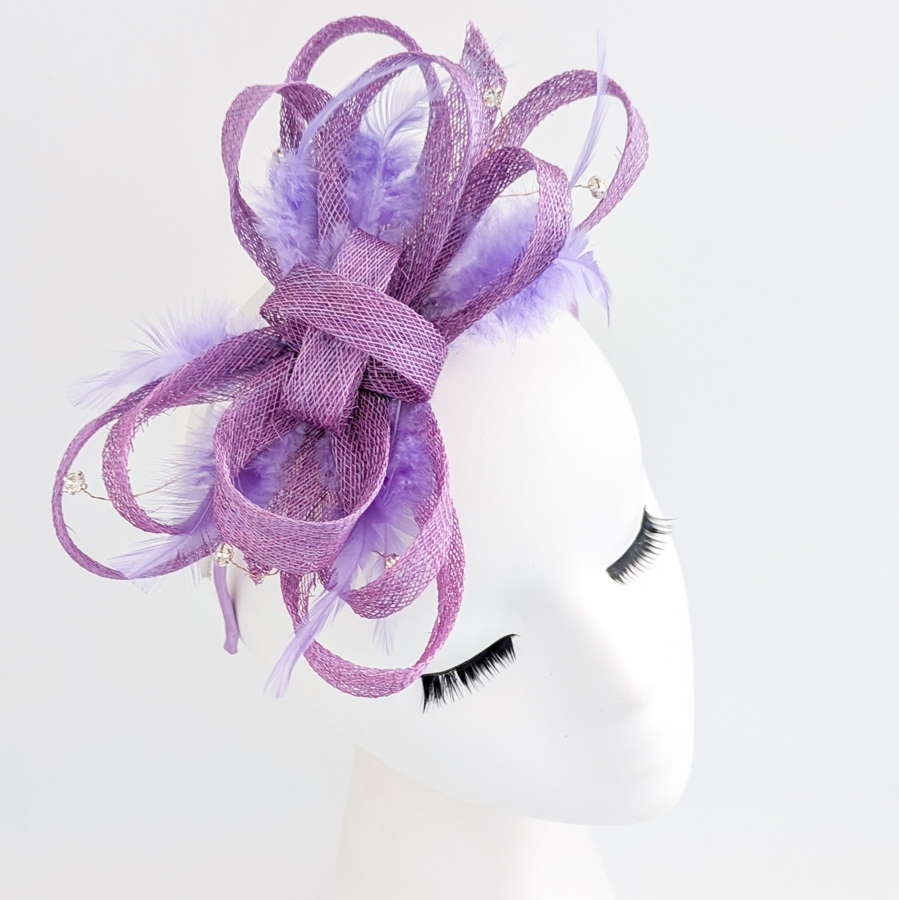 Lavender light purple crystal feather fascinator hat - House of Hats