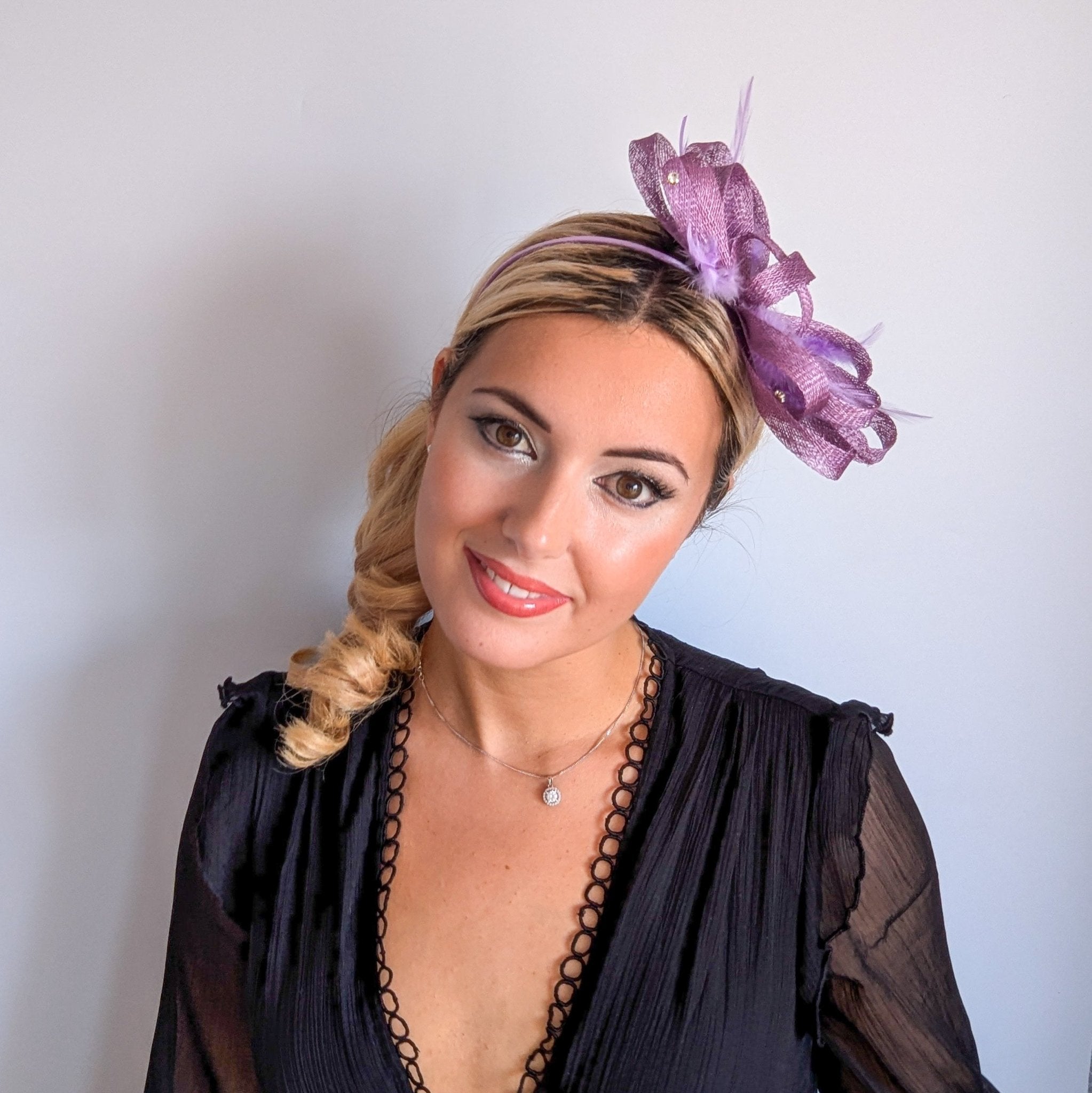Lavender light purple crystal feather fascinator hat - House of Hats